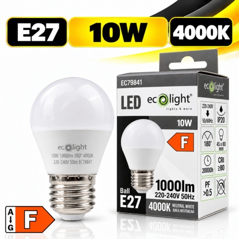 Żarówka LED E27 G45 10W 4000K 1000lm ECO LIGHT EC79841 z opakowaniem, klasa energetyczna F.