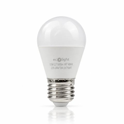 Żarówka LED E27 G45 10W 4000K ECO LIGHT EC79841 na białym tle z odbiciem.