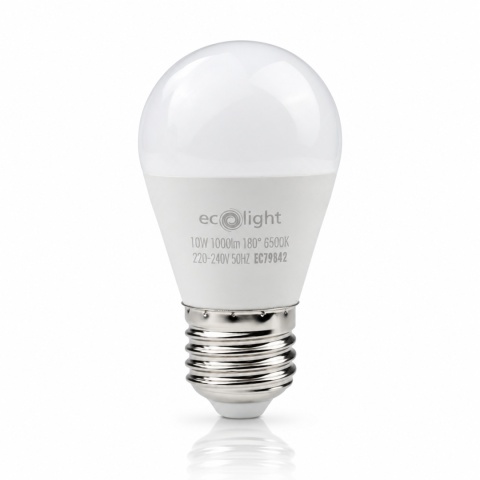 Żarówka LED E27 G45 10W 6500K ECO LIGHT EC79842 na białym tle z odbiciem.