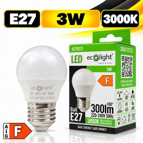Żarówka LED E27 G45 3W 3000K 300lm ECO LIGHT EC79273 z opakowaniem, klasa energetyczna F.