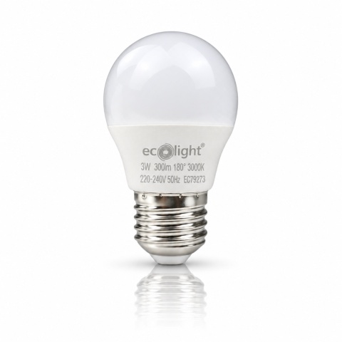 Żarówka LED E27 G45 3W 3000K ECO LIGHT EC79273 na białym tle z odbiciem.
