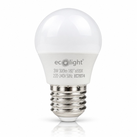 Żarówka LED E27 G45 3W 6500K ECO LIGHT EC79274 na białym tle z odbiciem.