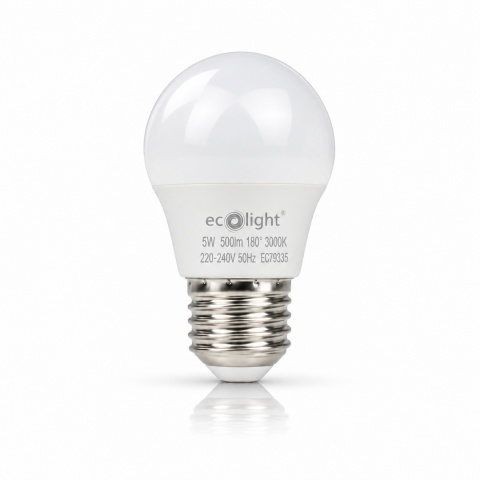 Żarówka LED E27 G45 5W 3000K ECO LIGHT EC79335 na białym tle z odbiciem.