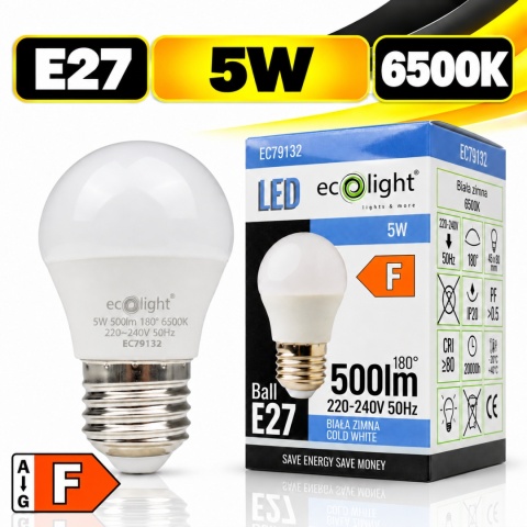 Żarówka LED E27 G45 5W 6500K 500lm ECO LIGHT EC79132 z opakowaniem, klasa energetyczna F.