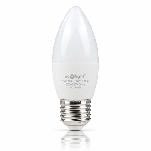 Żarówka LED E27 świeczka 10W 6500K ECO LIGHT EC79836 na białym tle z odbiciem
