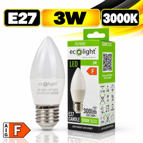 Żarówka LED E27 świeczka 3W 3000K 300lm ECO LIGHT EC79281 z opakowaniem, klasa energetyczna F