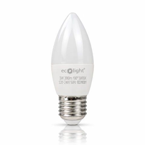 Żarówka LED E27 świeczka 3W 3000K ECO LIGHT EC79281 na białym tle z odbiciem