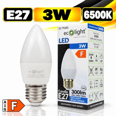 Żarówka LED E27 świeczka 3W 6500K 300lm ECO LIGHT EC79282 z opakowaniem, klasa energetyczna F