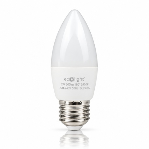 Żarówka LED E27 świeczka 3W 6500K ECO LIGHT EC79282 na białym tle z odbiciem
