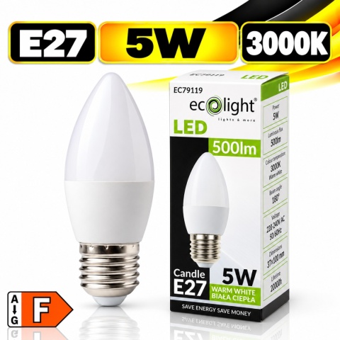 Żarówka LED E27 świeczka 5W 3000K 500lm ECO LIGHT EC79119 z opakowaniem, klasa energetyczna F
