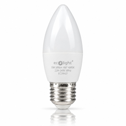 Żarówka LED E27 świeczka 5W 4000K ECO LIGHT EC79437 na białym tle z odbiciem