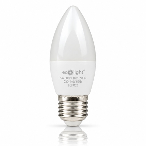 Żarówka LED E27 świeczka 5W 6500K ECO LIGHT EC79120 na białym tle z odbiciem