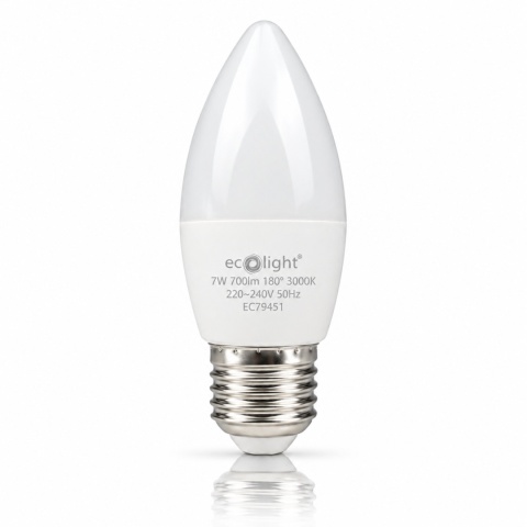 Żarówka LED E27 świeczka 7W 3000K ECO LIGHT EC79451 na białym tle z odbiciem