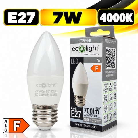 Żarówka LED E27 świeczka 7W 4000K 700lm ECO LIGHT EC79560 z opakowaniem, klasa energetyczna F