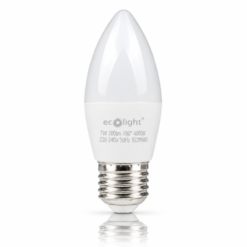Żarówka LED E27 świeczka 7W 4000K ECO LIGHT EC79560 na białym tle z odbiciem