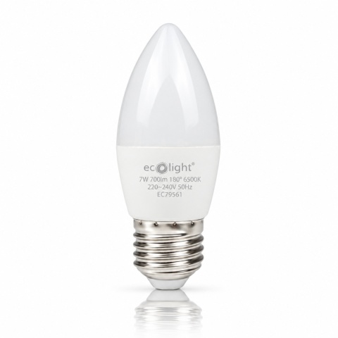 Żarówka LED E27 świeczka 7W 6500K ECO LIGHT EC79561 na białym tle z odbiciem