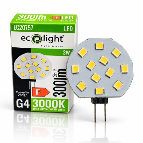 Żarówka LED G4 pastylka ECO LIGHT EC20757 po prawej, opakowanie po lewej, na białym tle z odbiciem.