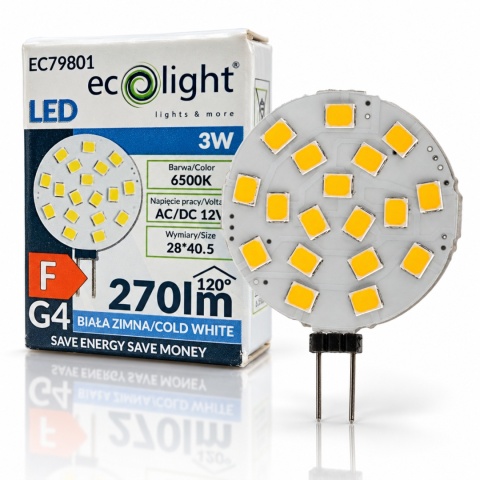 Okrągła żarówka LED G4 EcoLight EC79801 z 18 diodami, obok biało-niebieskiego opakowania, na białym tle z odbiciem.