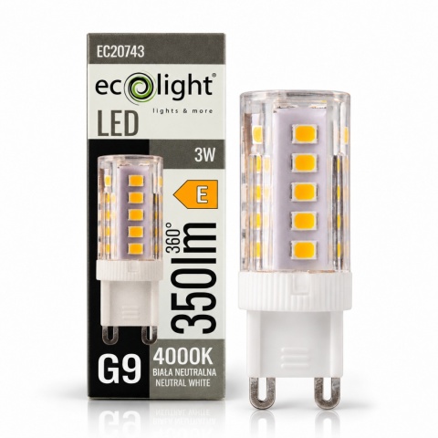 Żarówka LED G9 ECO LIGHT EC20743 po prawej, właściwe opakowanie po lewej, na białym tle z odbiciem.