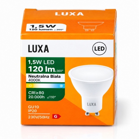 Opakowanie żarówki GU10 LUXA 1,5W 120lm z oznaczeniem Neutralna Biała 4000K