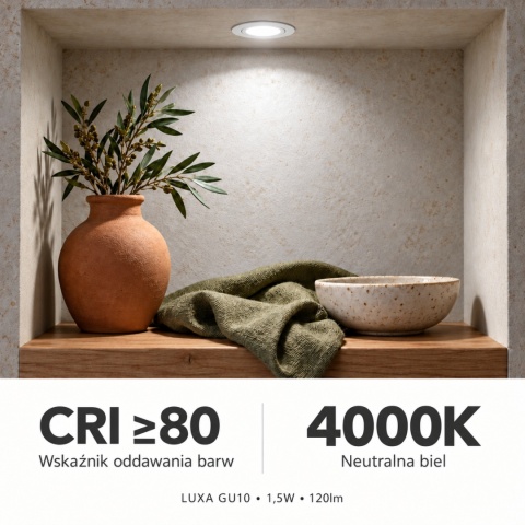 Neutralne światło 4000K i CRI≥80 – grafika żarówki GU10 LUXA 1,5W 120lm