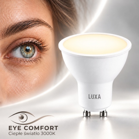 Grafika Eye Comfort z żarówką GU10 LUXA i napisem Ciepłe światło 3000K