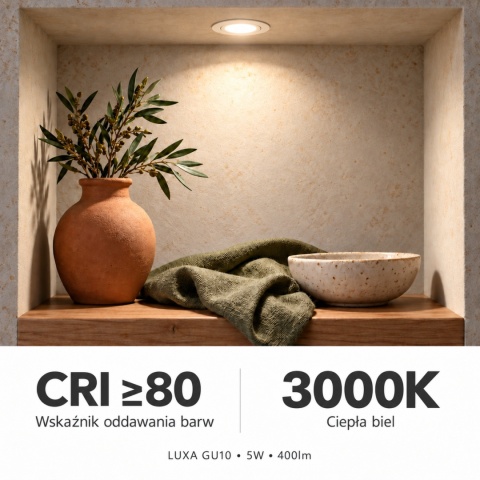 Ciepłe światło 3000K i CRI≥80 – grafika żarówki GU10 LUXA 5W 400lm