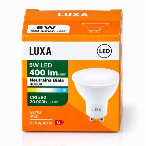 Opakowanie żarówki GU10 LUXA 5W 400lm z oznaczeniem Neutralna Biała 4000K