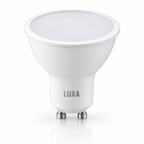 Żarówka LED GU10 LUXA w ujęciu pionowym z delikatnym odbiciem
