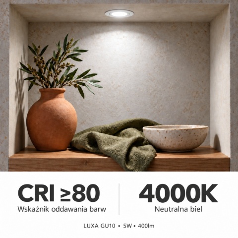 Neutralne światło 4000K i CRI≥80 – grafika żarówki GU10 LUXA 5W 400lm
