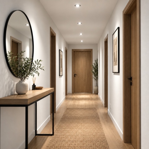 Wizualizacja oświetlenia korytarza czterema oprawami GU10 z żarówkami 5W 4000K