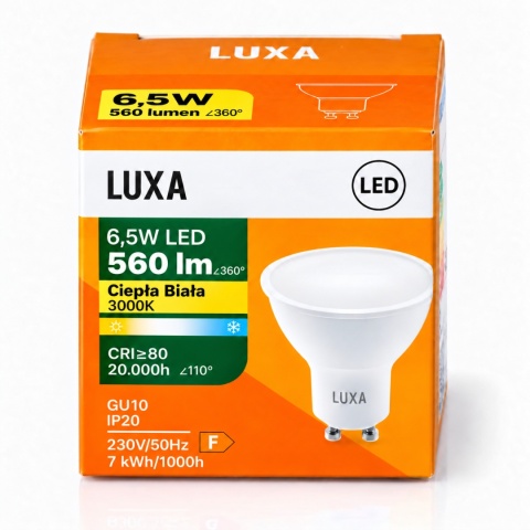 Opakowanie żarówki GU10 LUXA 6,5W 560lm z oznaczeniem Ciepła Biała 3000K