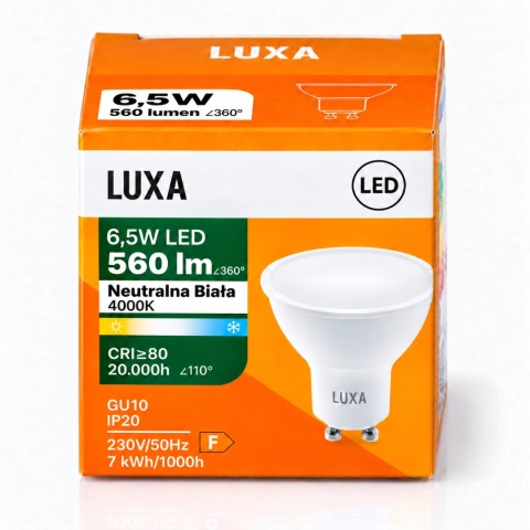 Opakowanie żarówki GU10 LUXA 6,5W 560lm z oznaczeniem Neutralna Biała 4000K