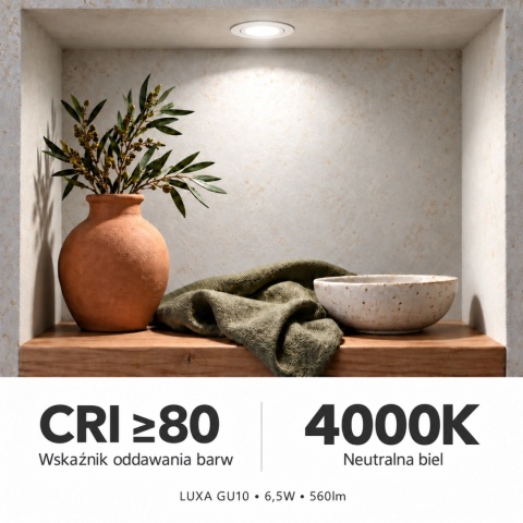 Neutralne światło 4000K i CRI≥80 – grafika żarówki GU10 LUXA 6,5W 560lm