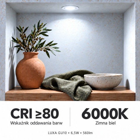 Zimne światło 6000K i CRI≥80 – grafika żarówki GU10 LUXA 6,5W 560lm