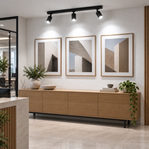 Trzy reflektory GU10 6000K nad grafikami w recepcji biura – wizualizacja zastosowania LUXA 6,5W 560lm