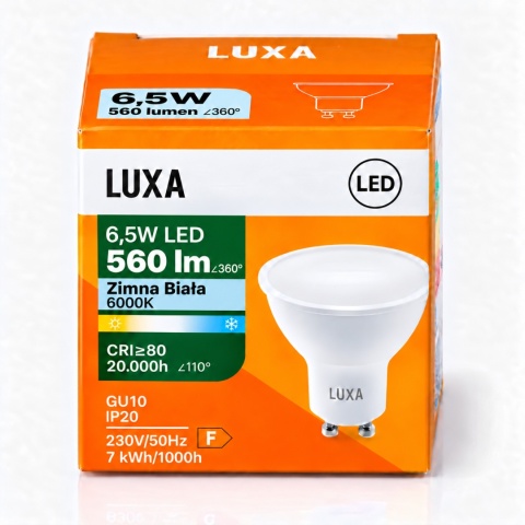 Opakowanie żarówki GU10 LUXA 6,5W 560lm z oznaczeniem Zimna Biała 6000K