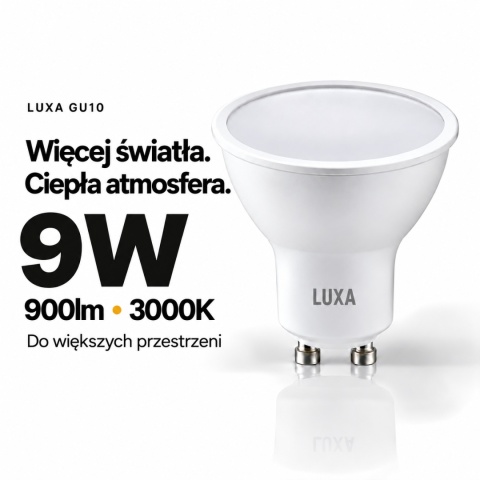 LUXA GU10 – moc 9W, strumień 900lm i ciepła barwa 3000K