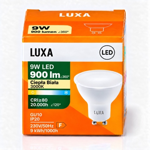 Opakowanie żarówki GU10 LUXA 9W 900lm z oznaczeniem Ciepła Biała 3000K
