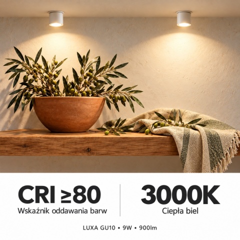 Ciepłe światło 3000K i CRI≥80 – grafika żarówki GU10 LUXA 9W 900lm