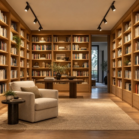 Domowa biblioteka z sześcioma reflektorami GU10 – wizualizacja zastosowania LUXA 9W 900lm 3000K