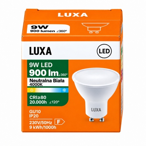 Opakowanie żarówki GU10 LUXA 9W 900lm z oznaczeniem Neutralna Biała 4000K