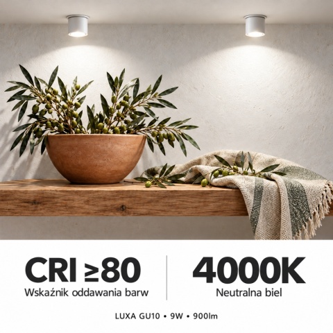 Neutralne światło 4000K i CRI≥80 – grafika żarówki GU10 LUXA 9W 900lm