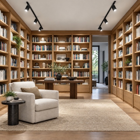 Domowa biblioteka z sześcioma reflektorami GU10 – wizualizacja zastosowania LUXA 9W 900lm 4000K