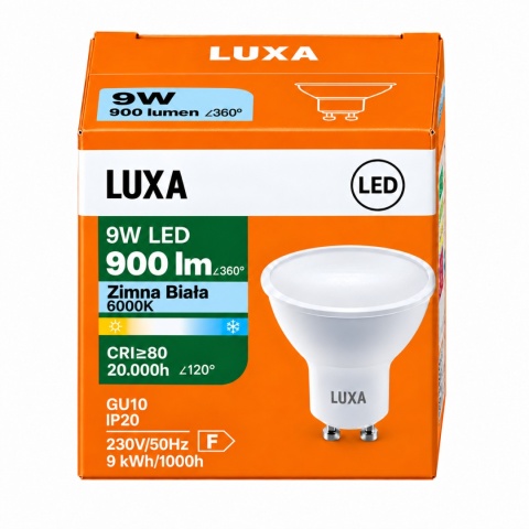 Opakowanie żarówki GU10 LUXA 9W 900lm z oznaczeniem Zimna Biała 6000K
