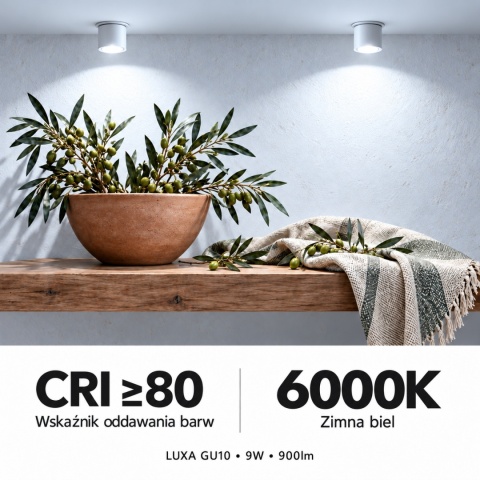 Zimne światło 6000K i CRI≥80 – grafika żarówki GU10 LUXA 9W 900lm