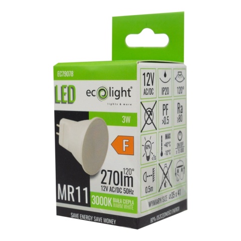 Aktualne zielone opakowanie ECO LIGHT EC79078 z oznaczeniami MR11, 3W, 270lm, 3000K i klasy F.