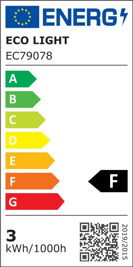 Aktualna etykieta energetyczna ECO LIGHT EC79078: klasa F i zużycie 3kWh na 1000 godzin.