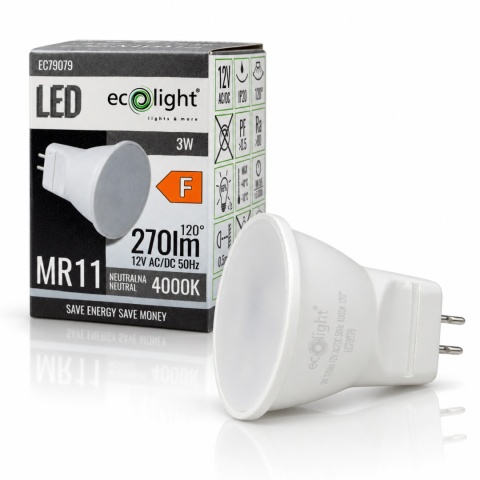 Biała żarówka LED MR11 EcoLight EC79079 z mlecznym frontem i dwoma pinami, przed szaro-czarnym pudełkiem, na białym tle z odbiciem.