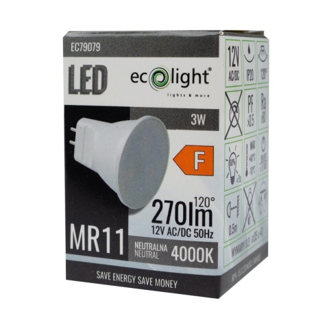 Aktualne szaro-czarne opakowanie ECO LIGHT EC79079 z oznaczeniami MR11, 3W, 270lm, 4000K i klasy F.